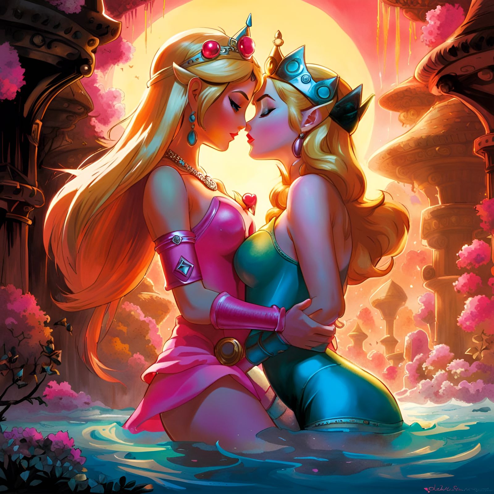 Zelda and Peach Kiss, Cartoon Style