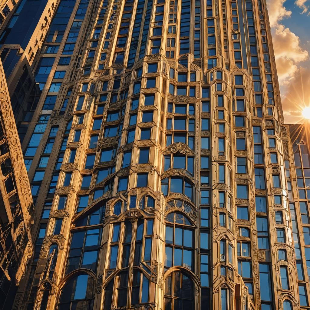 Art Deco Skyscraper at Sunset with Geometric Details