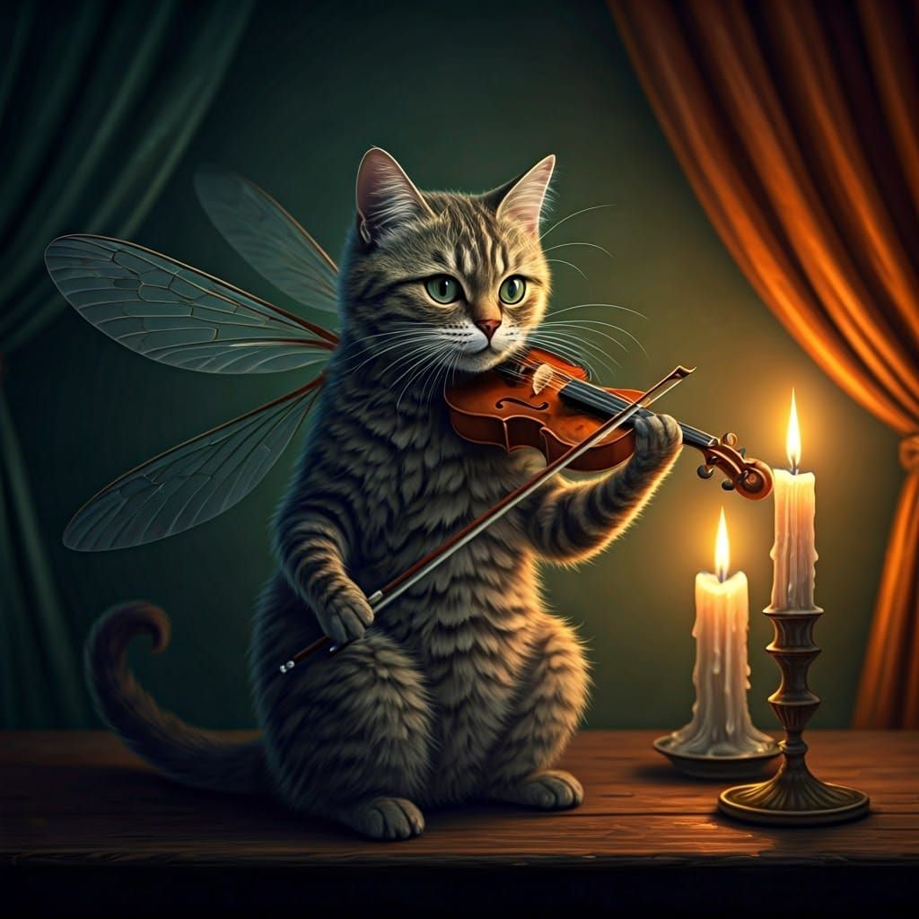 Mosquito Cat Hybrid Plays Violin in Surreal Style
