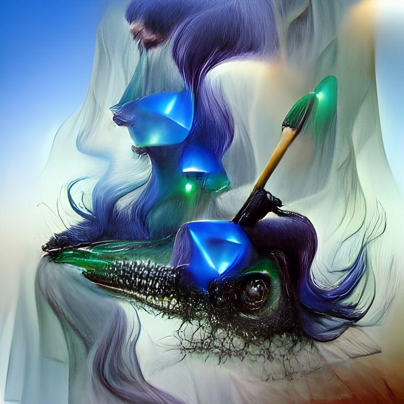 Witch Rides Dragon Broomstick in Iridescent Ink Drawing