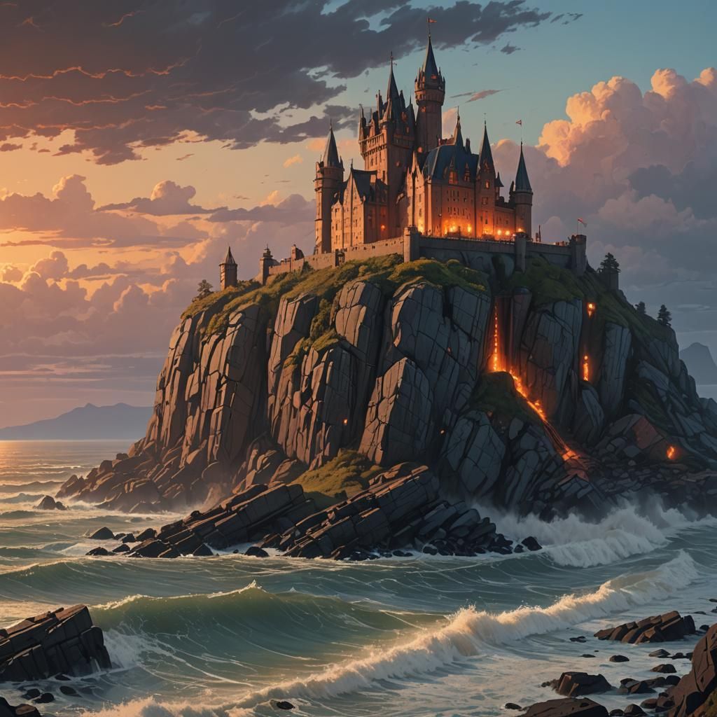 Gothic Castle on Cliff at Sunset: Fantasy Concept Art