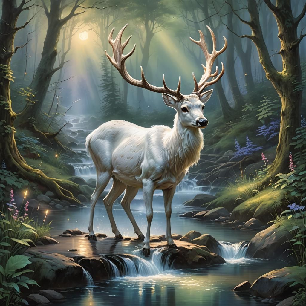 White Deer in Moonlit Forest
