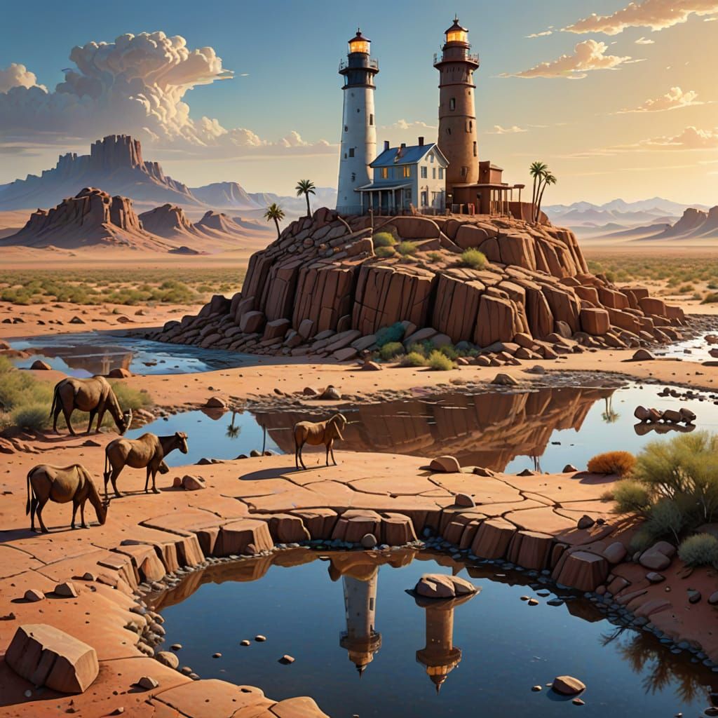Desert Lighthouse Oasis with Dromedaries, Hyperrealistic