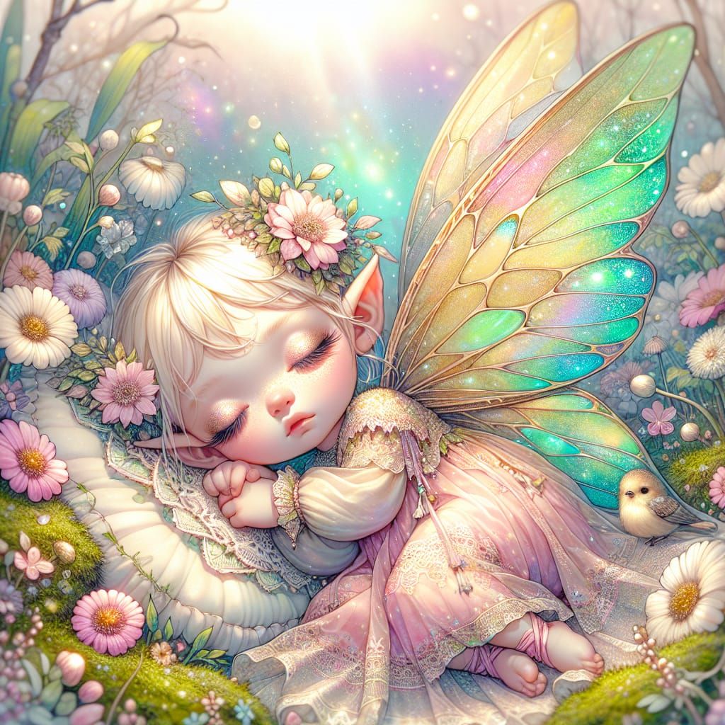 Cute Baby Fairy Sleeping in Spring Garden
