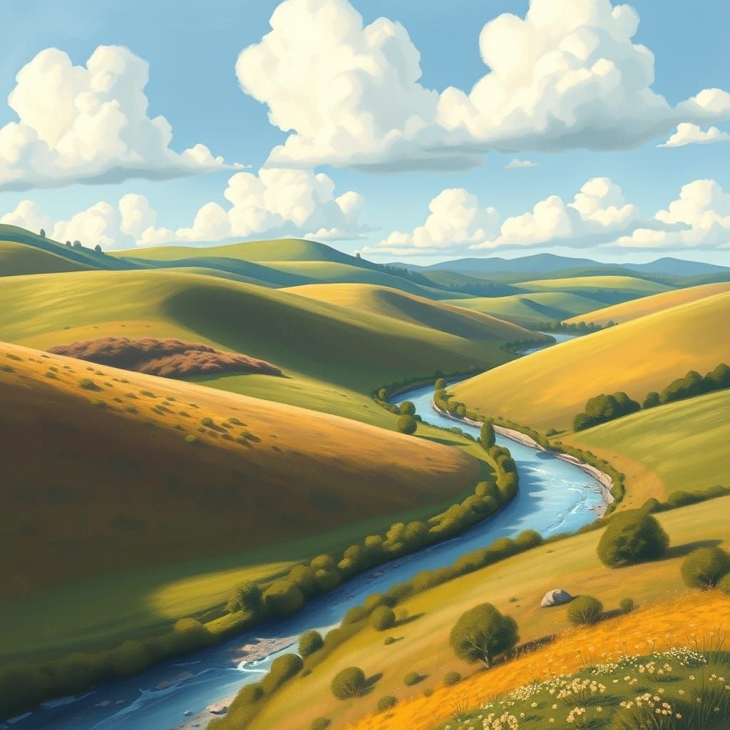 Dreamy Landscape Painting with Rolling Hills and River