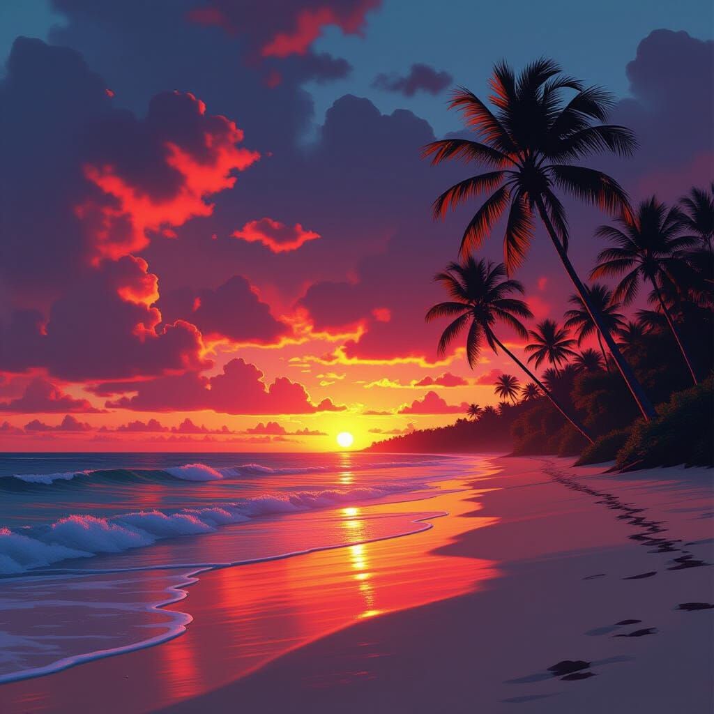 Tropical Beach Sunset in Digital Painting Style
