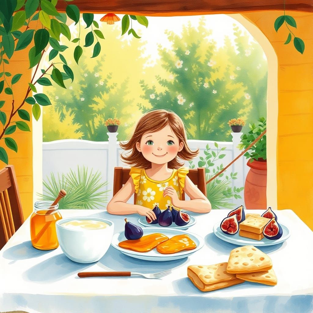 Greek Breakfast Illustration in Eric Carle Style