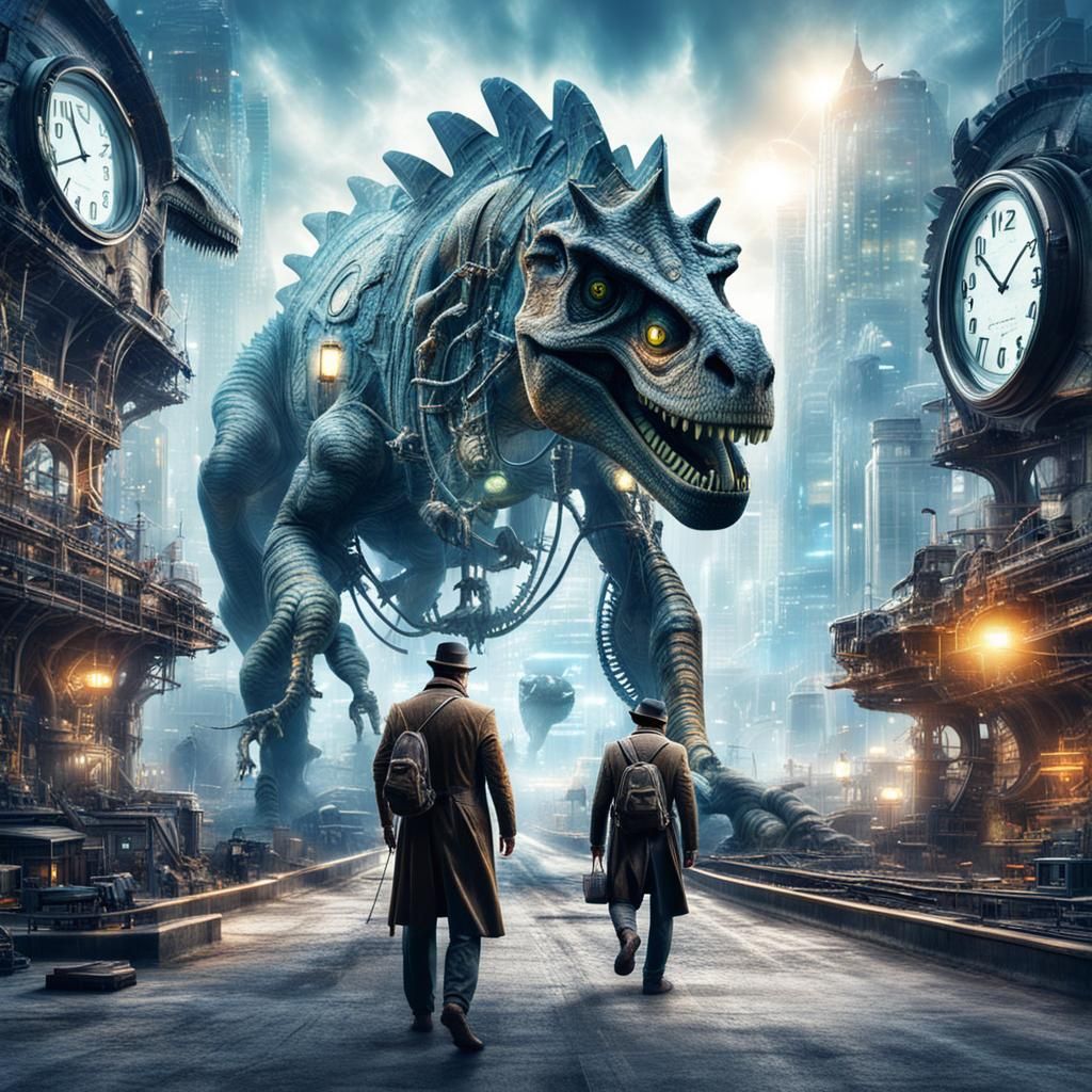 Caveman and Dinosaur in High-Tech City