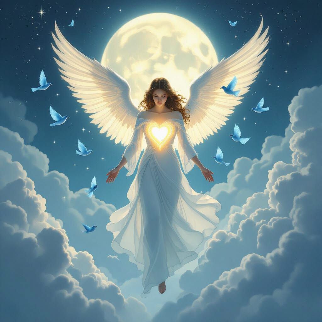 Ethereal Angel Descends Through Moonlit Clouds With Blue Bir...