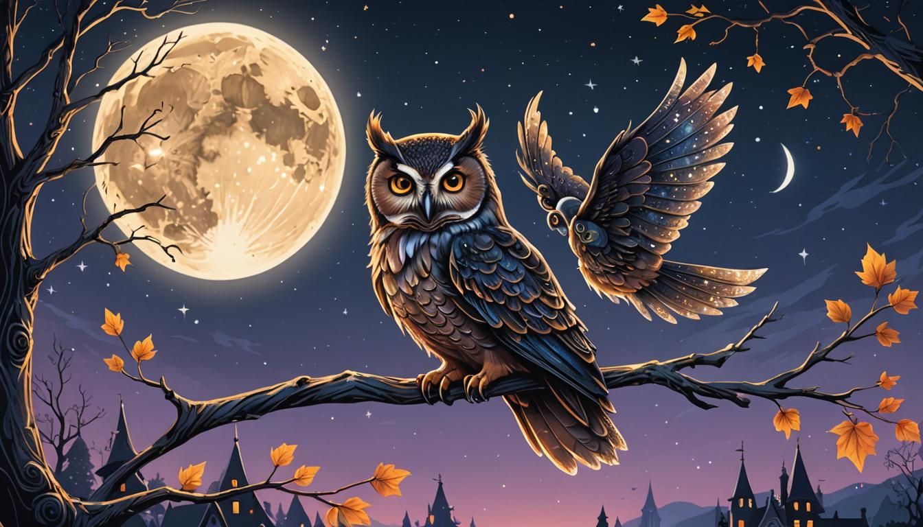 Whimsical Owl and Witch Halloween Night Scene