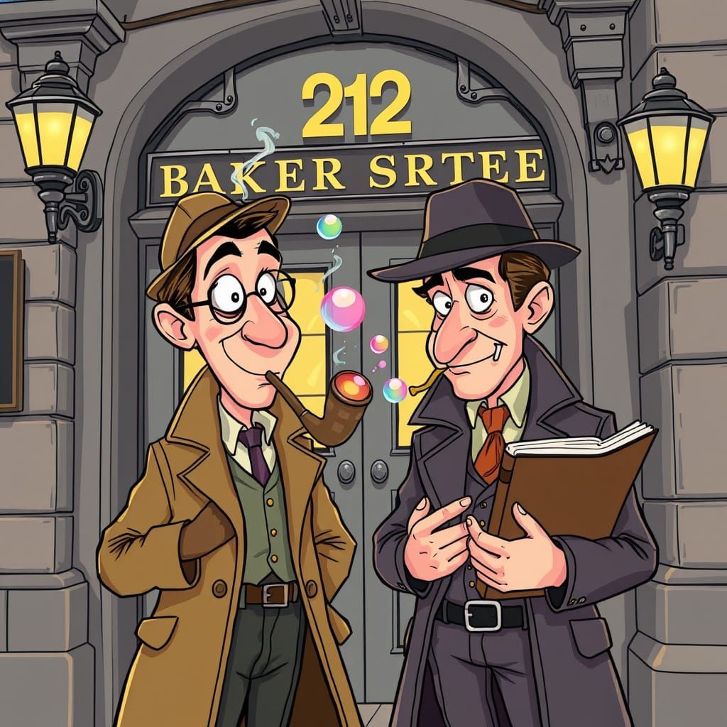 Cartoon Sherlock Holmes at 221B Baker Street