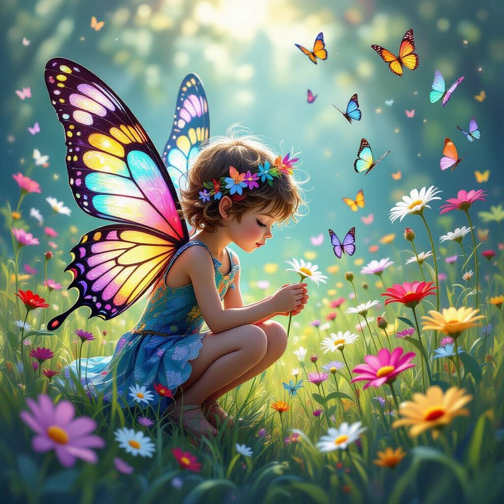 Whimsical Fairy Boy with Butterfly Wings in Stained Glass Me...