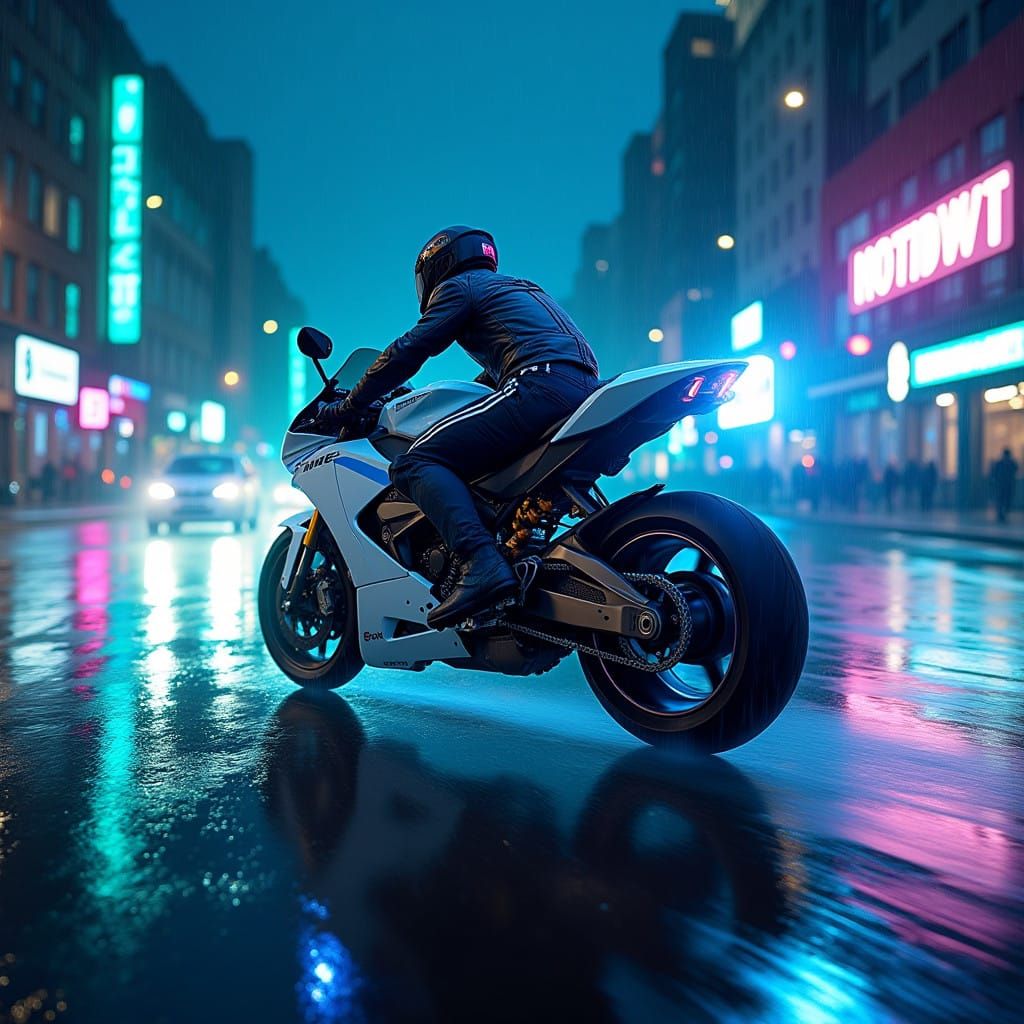 Sleek Cyberpunk Motorcycle Speeds Through Rainy Glasgow City...