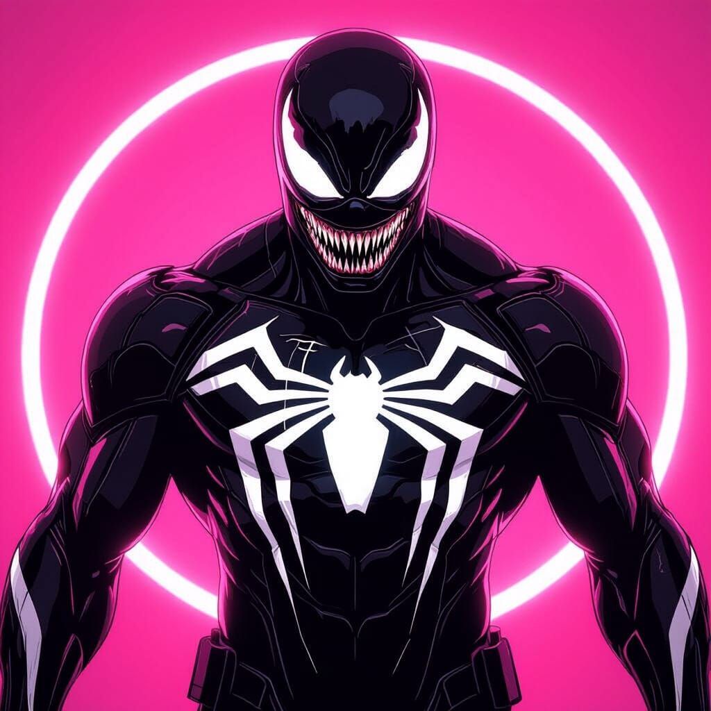 Venom in Iron Man Suit with Spider Logo, Neon Pink Backgroun...