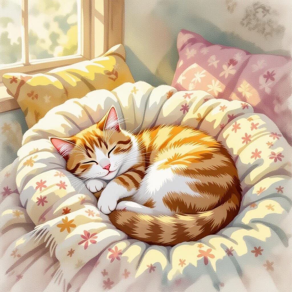 Cozy Cat Nap in Watercolor Style