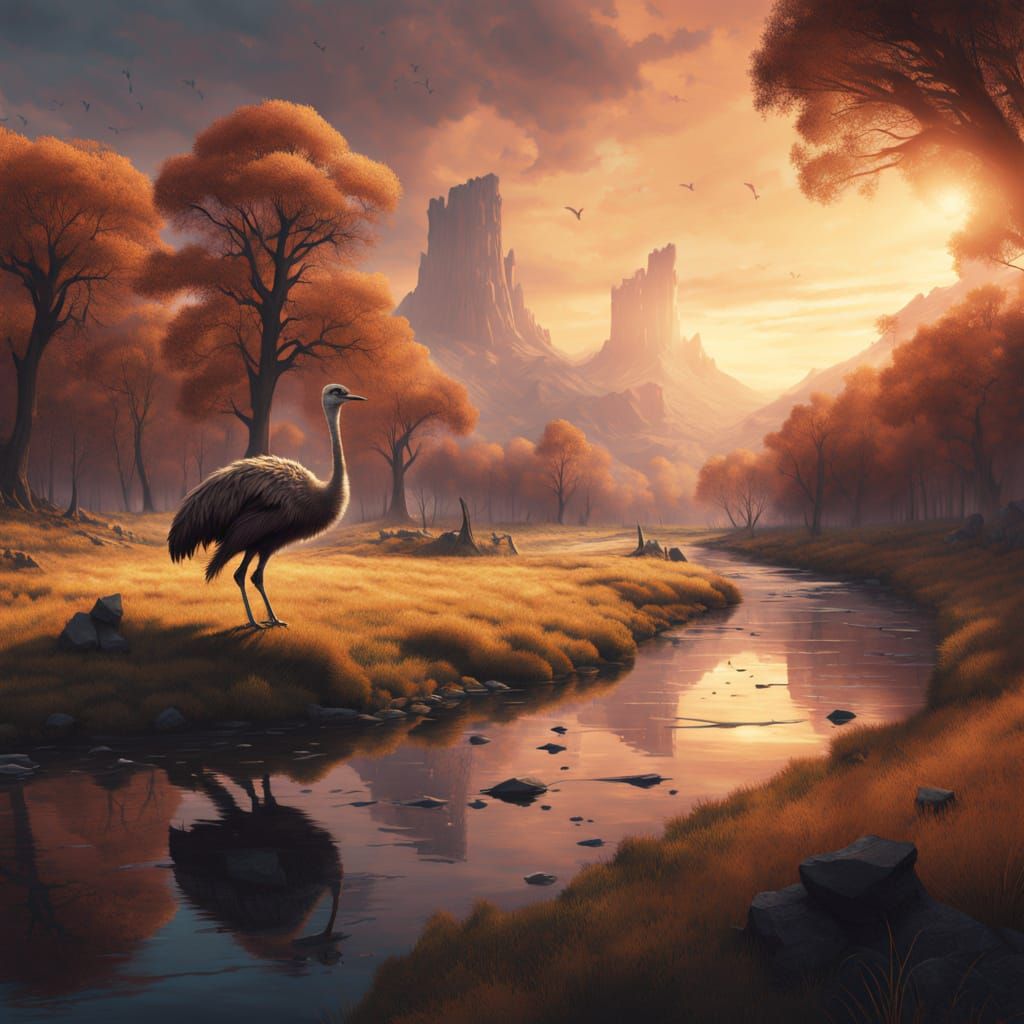 Girl in Cowboy Costume Rides Ostrich at Sunset