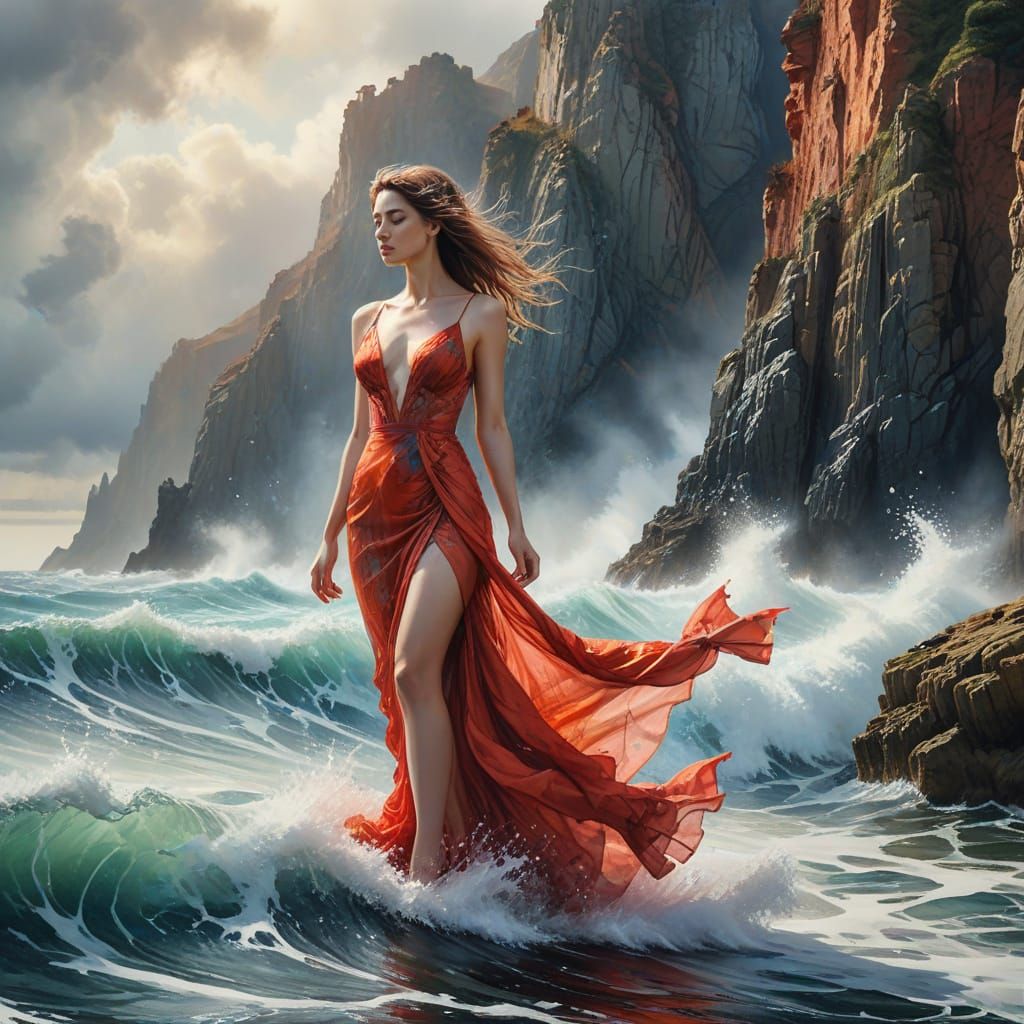 Hyperrealistic Woman in Red Dress with Maritime Watercolor