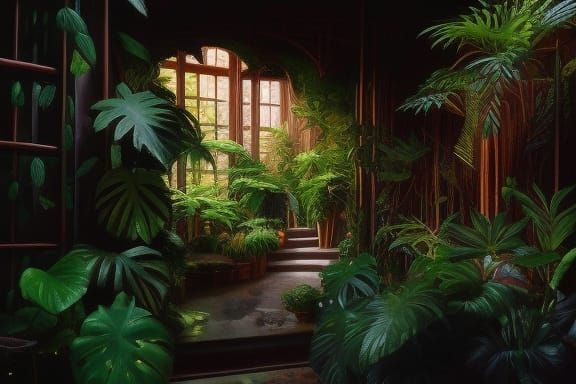 Lush Indoor Jungle: Comic Book Style Digital Art