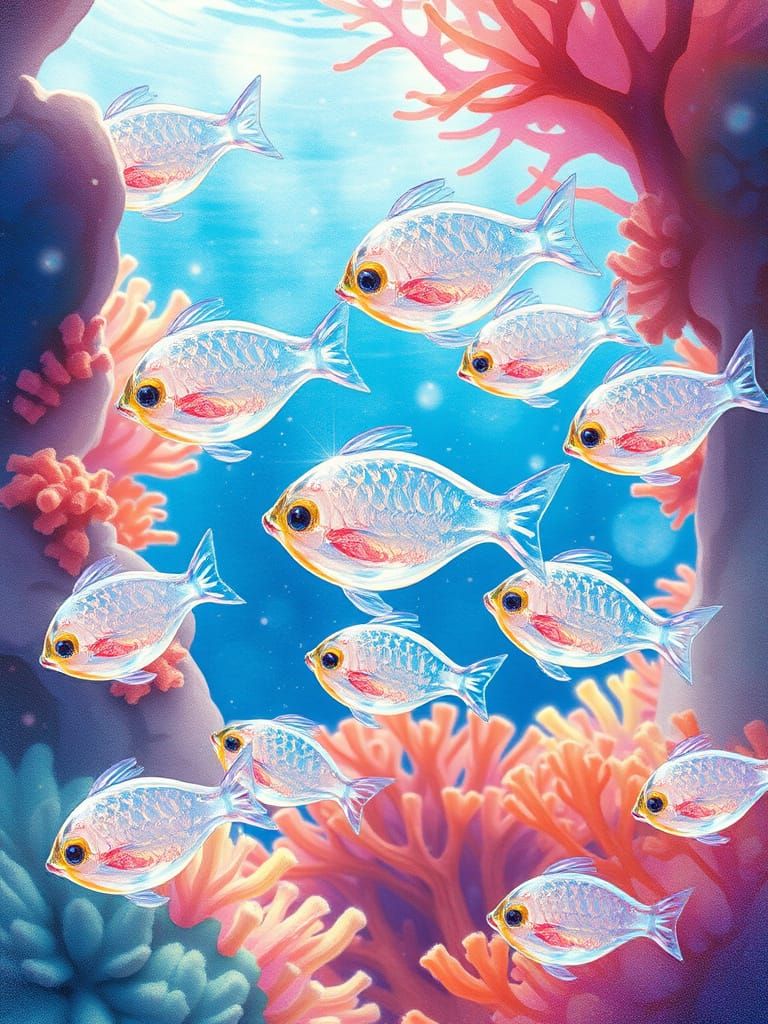 Delicate Glass Fish in Coral Reef, Watercolor Style