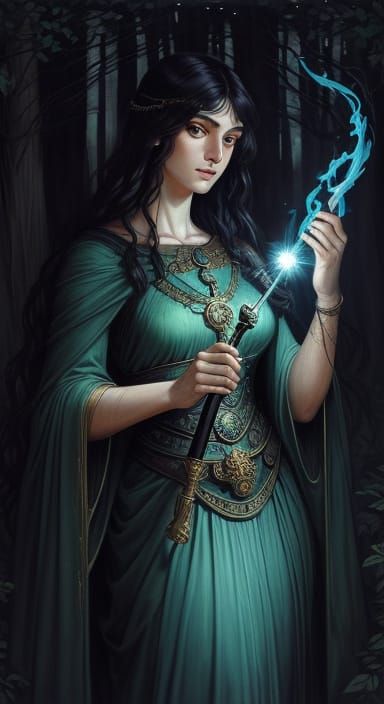 Hecate in Dark Forest, Pre-Raphaelite Painting