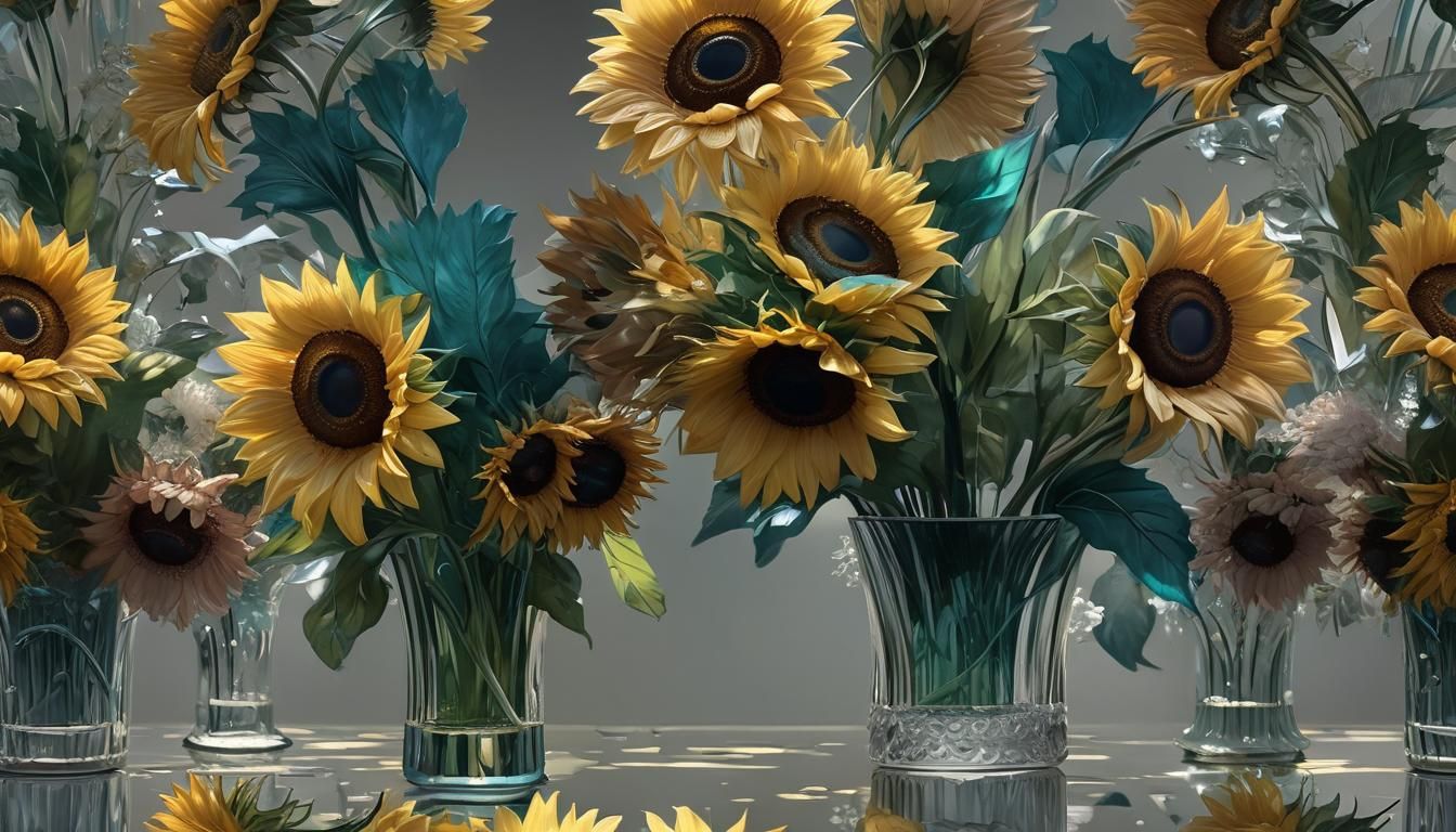 Glass Sunflower Bouquet Still Life in Hyperrealism