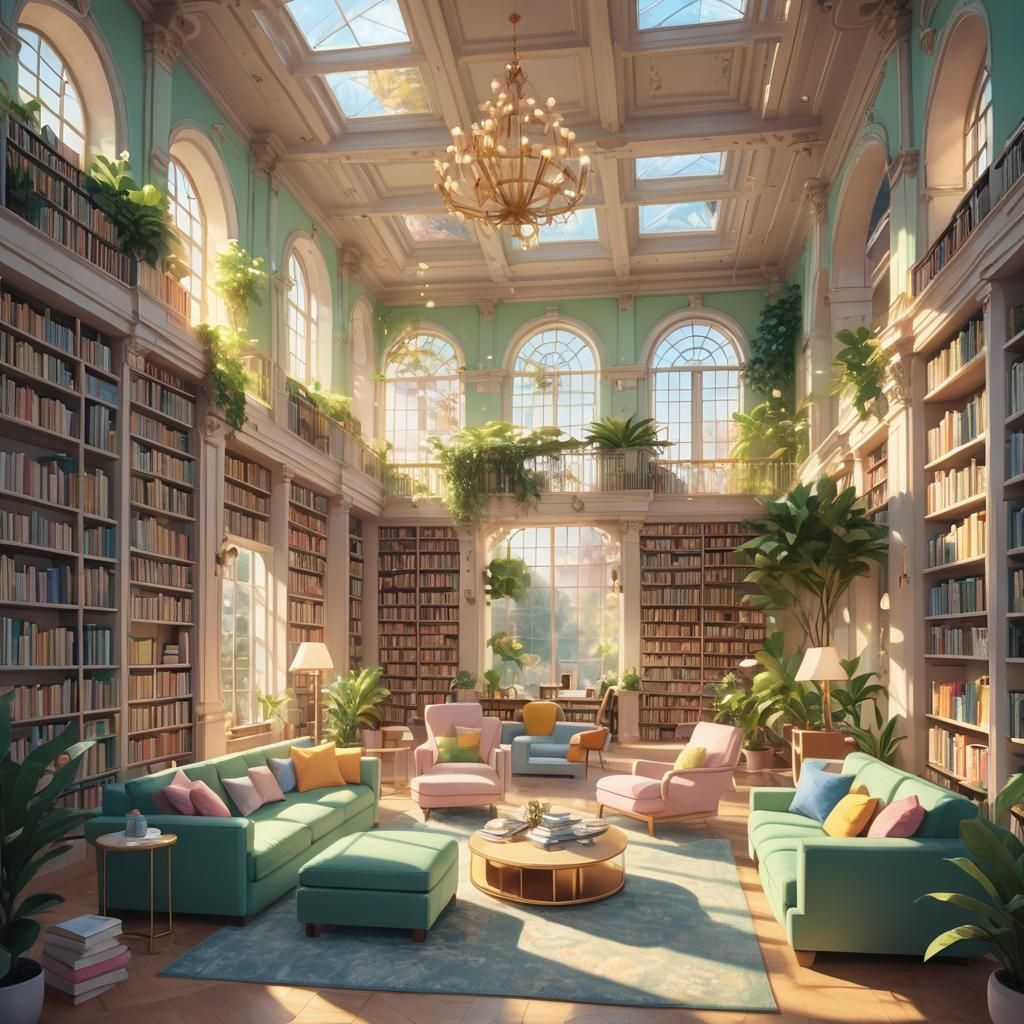 Vibrant Modern Library in Pastel Fantasy Style