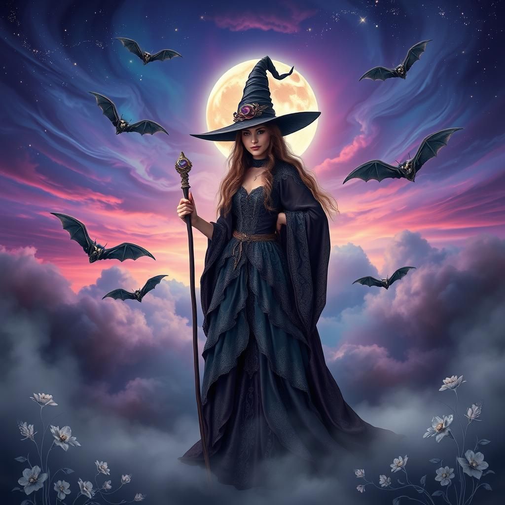 A mystical scene dominated by a witch in the center. The wit...