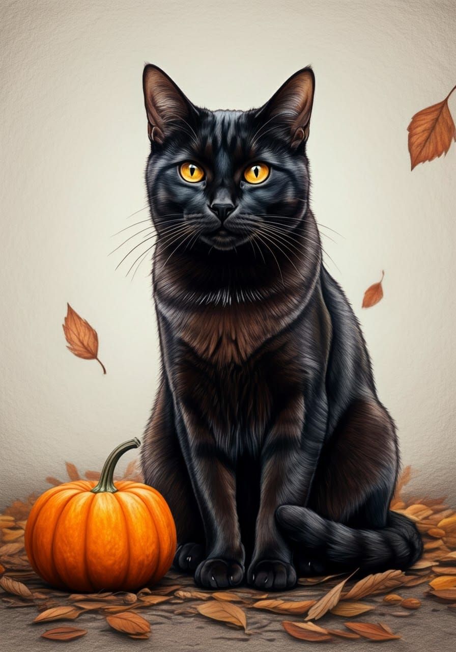 Black Cat in Colorful Pencil Style Autumn Scene