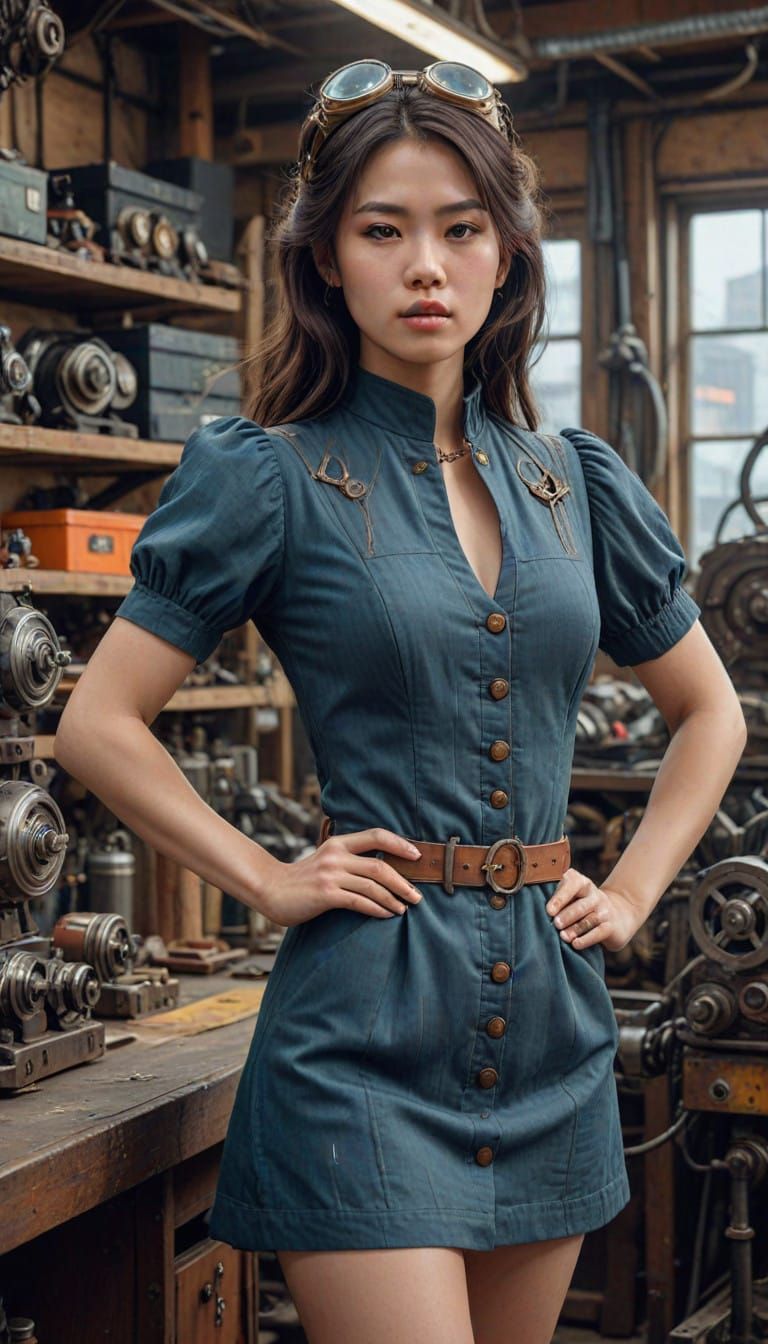 Strong Vietnamese Woman in Steampunk-Inspired Mechanic's Sto...