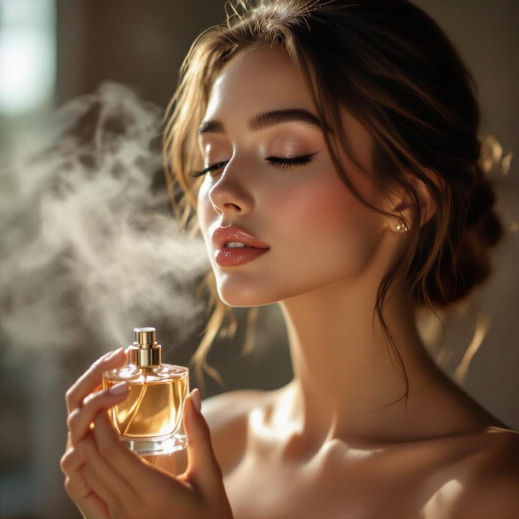 Elegant Woman Sprays Perfume in Cinematic Light