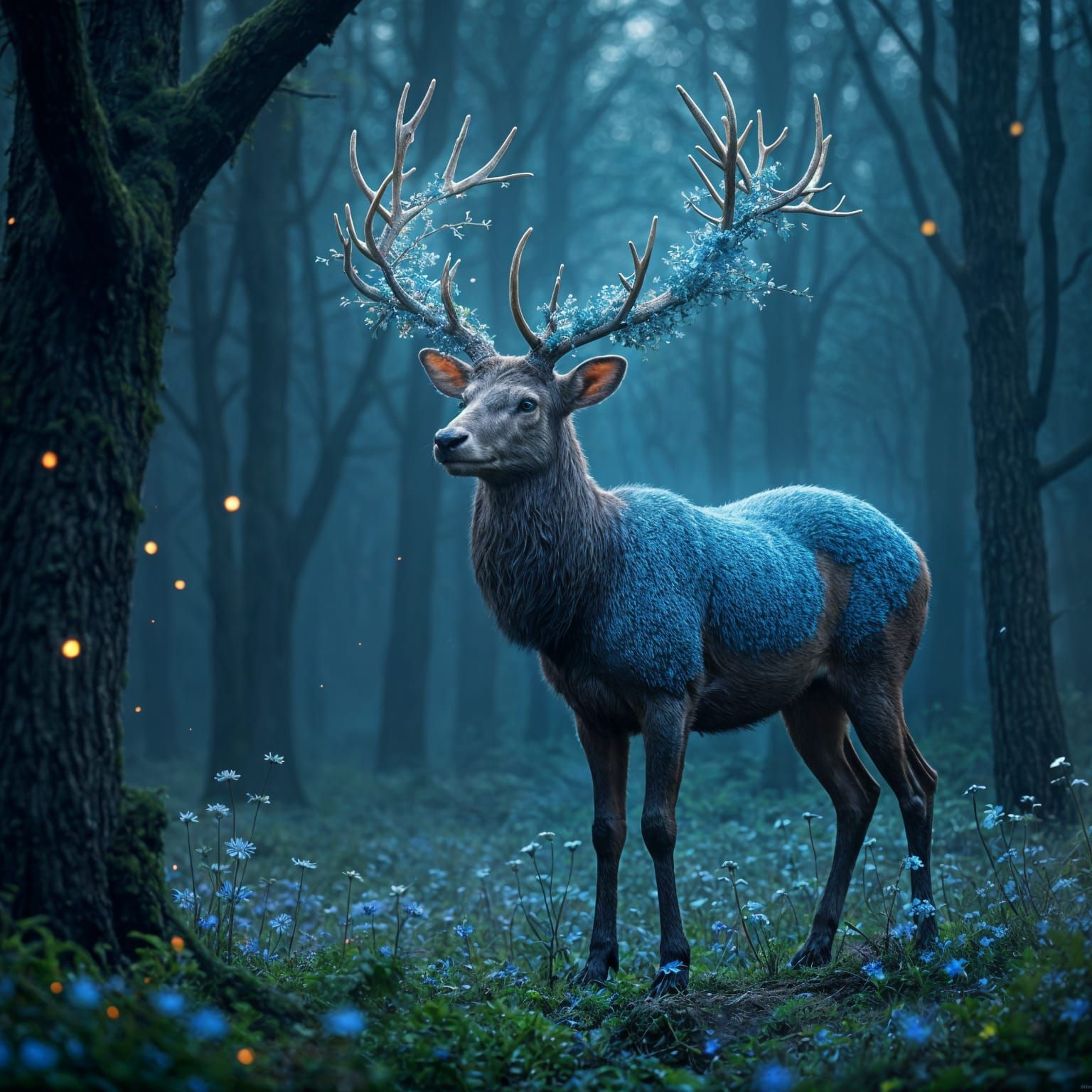 Stag with Glowing Antlers in Moonlit Forest