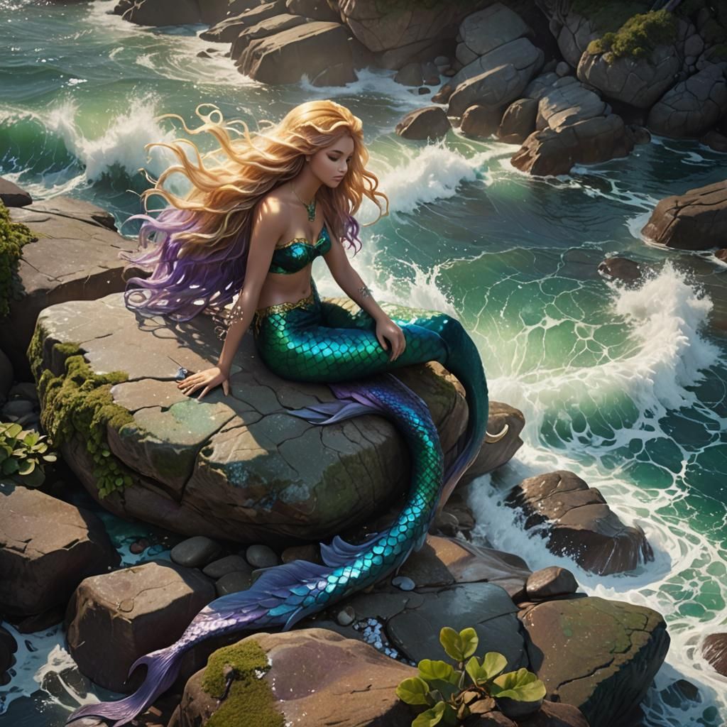 Mermaid Resting on Ocean Rock in Fantasy Art