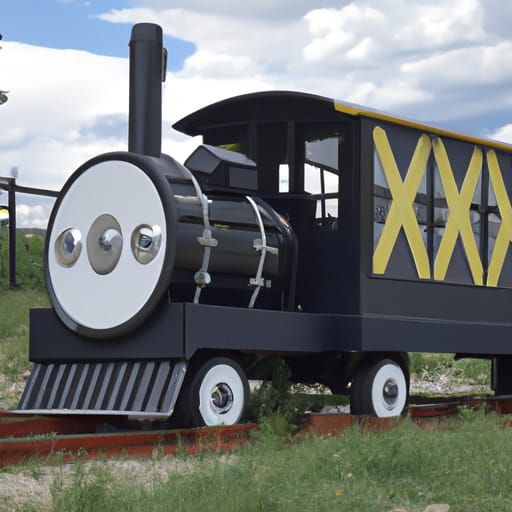 A vw bus inspired steam powered locomotive train. the train's cars are also inspired by Volkswagen buses.