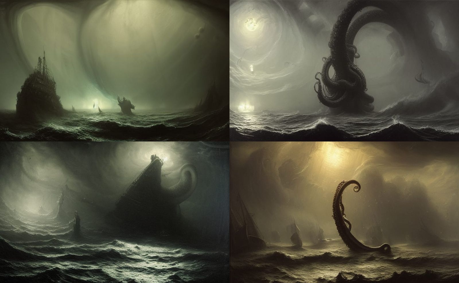 Giant Tentacle Attacks Ship: Cosmic Horror Oil Painting