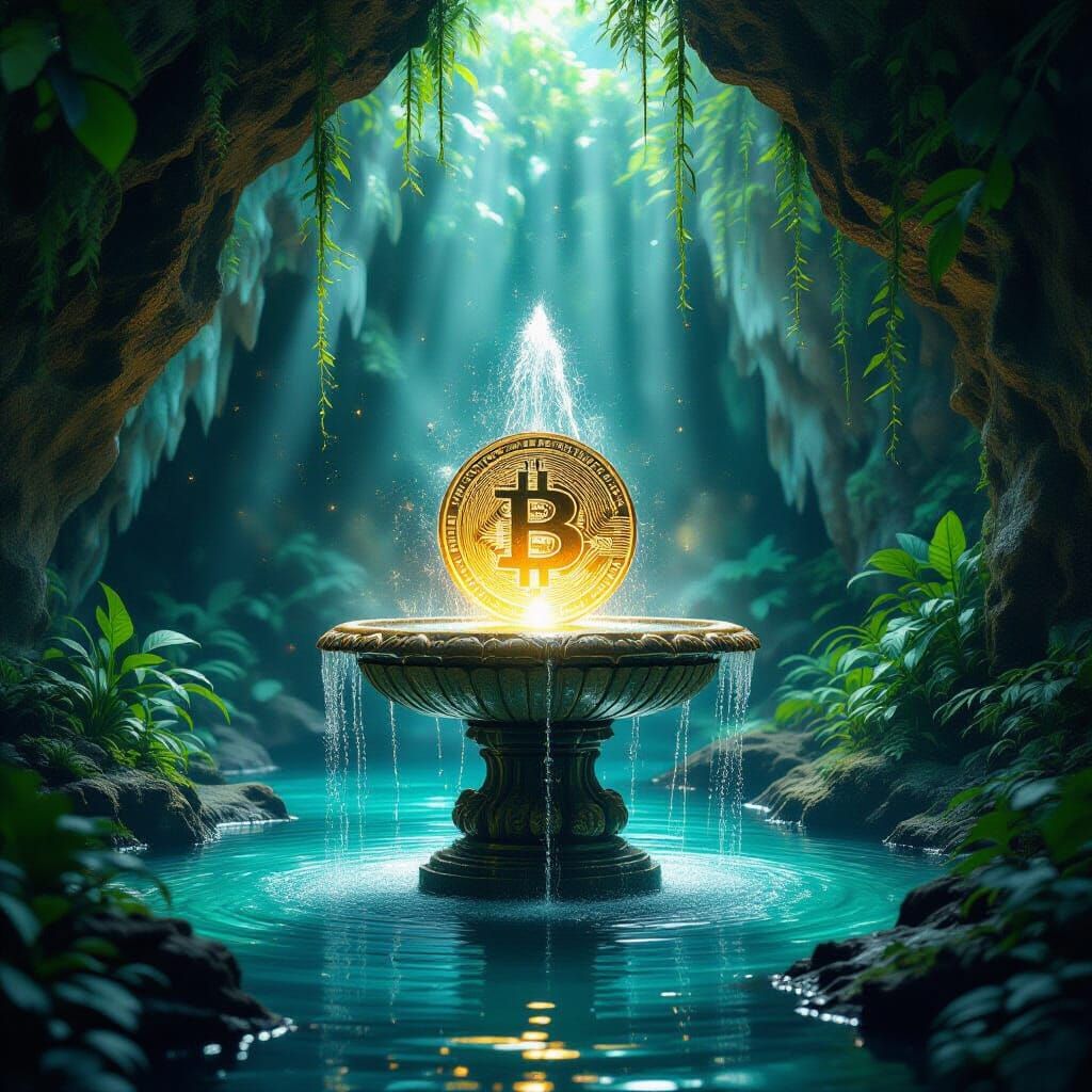 Bioluminescent Bitcoin Erupts in Grotto: Art Nouveau