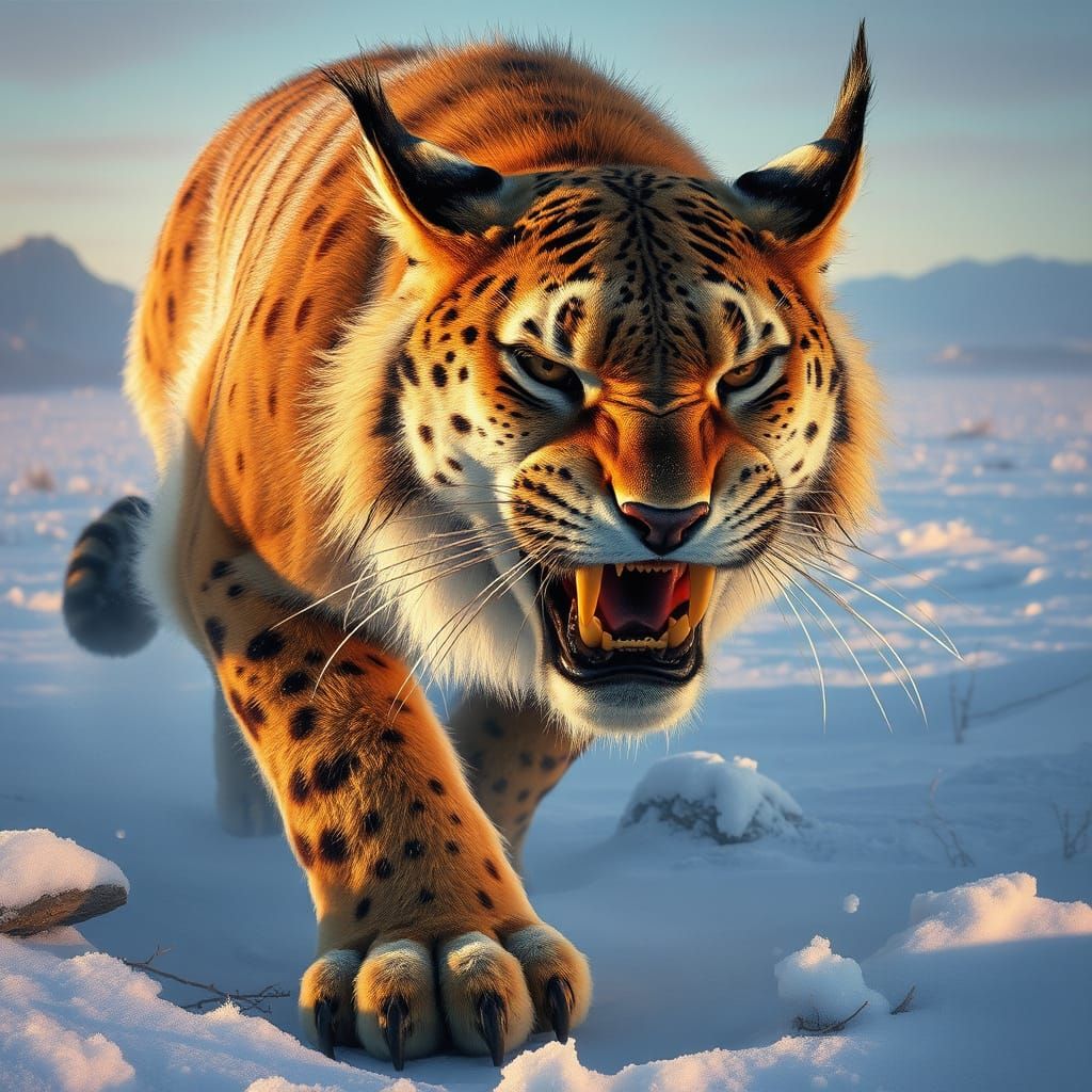 Majestic Sabertooth Tiger Roams the Frosty Tundra in Hyperre...
