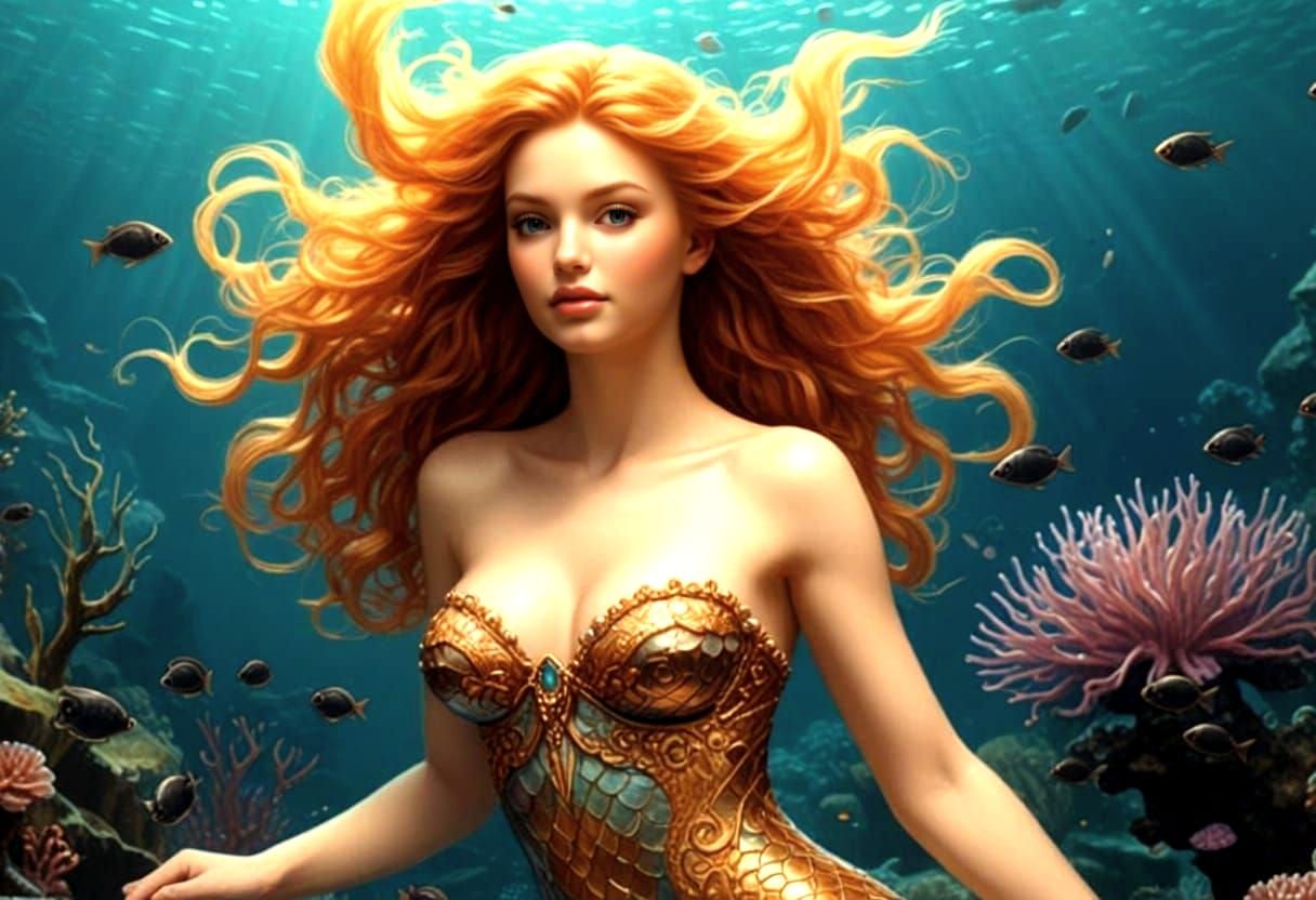 Baroque Oil Painting of a Graceful Mermaid in Coral Reef
