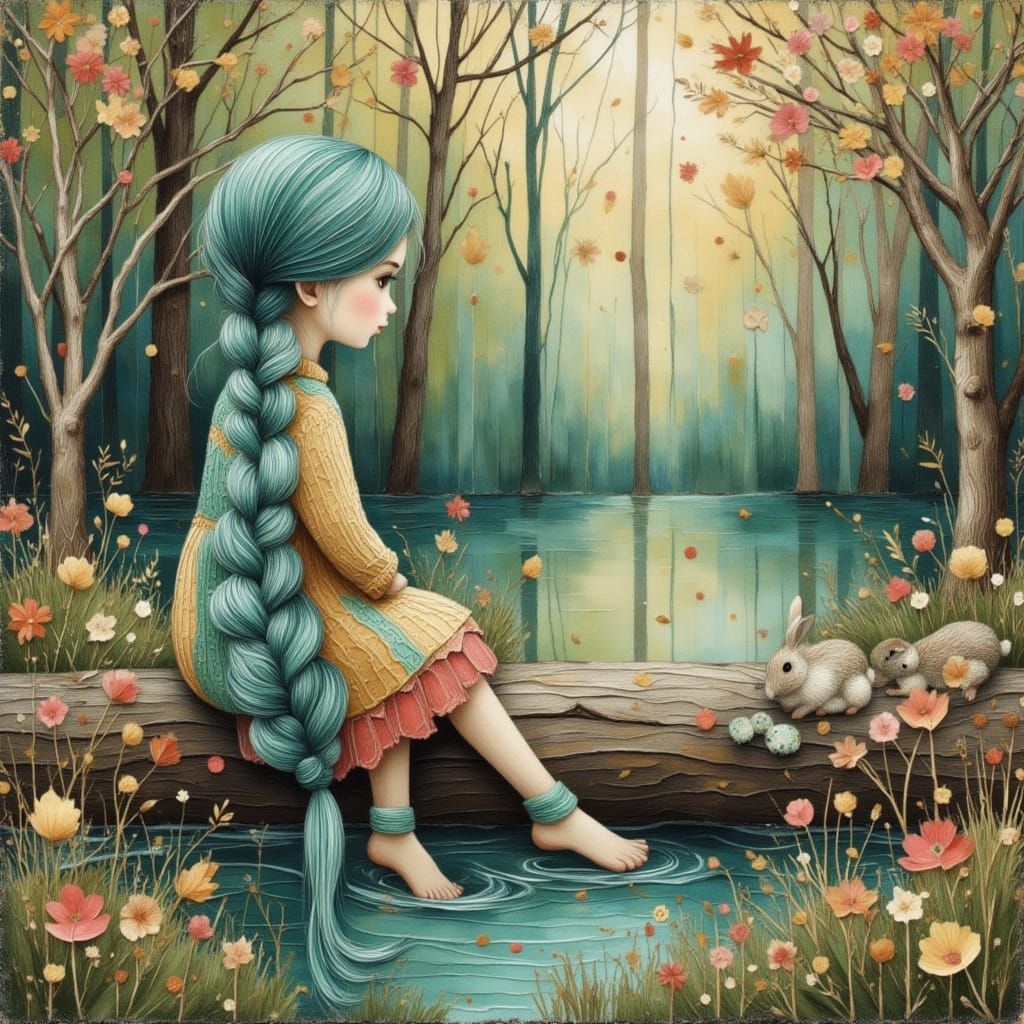 Girl with Teal Hair in Sun-Dappled Spring Woodland