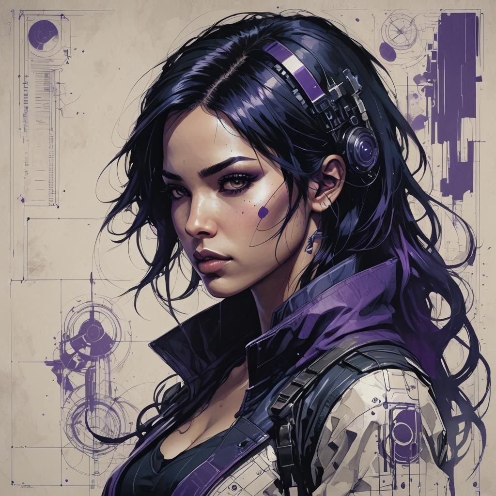 Technical Concept Art: Dark Hair in Blueprint Style