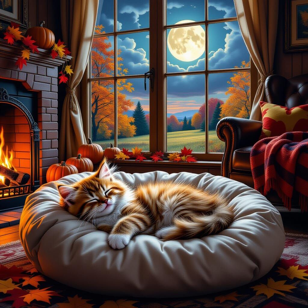 Cozy Autumn Living Room with Kitten and Fireplace