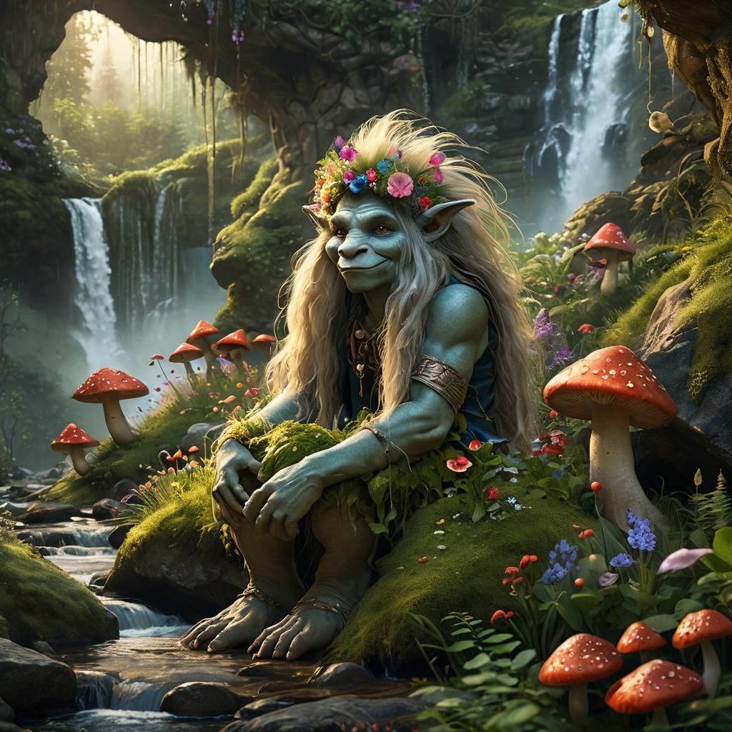 Troll and Kikimora in Dreamlike Botanical Setting