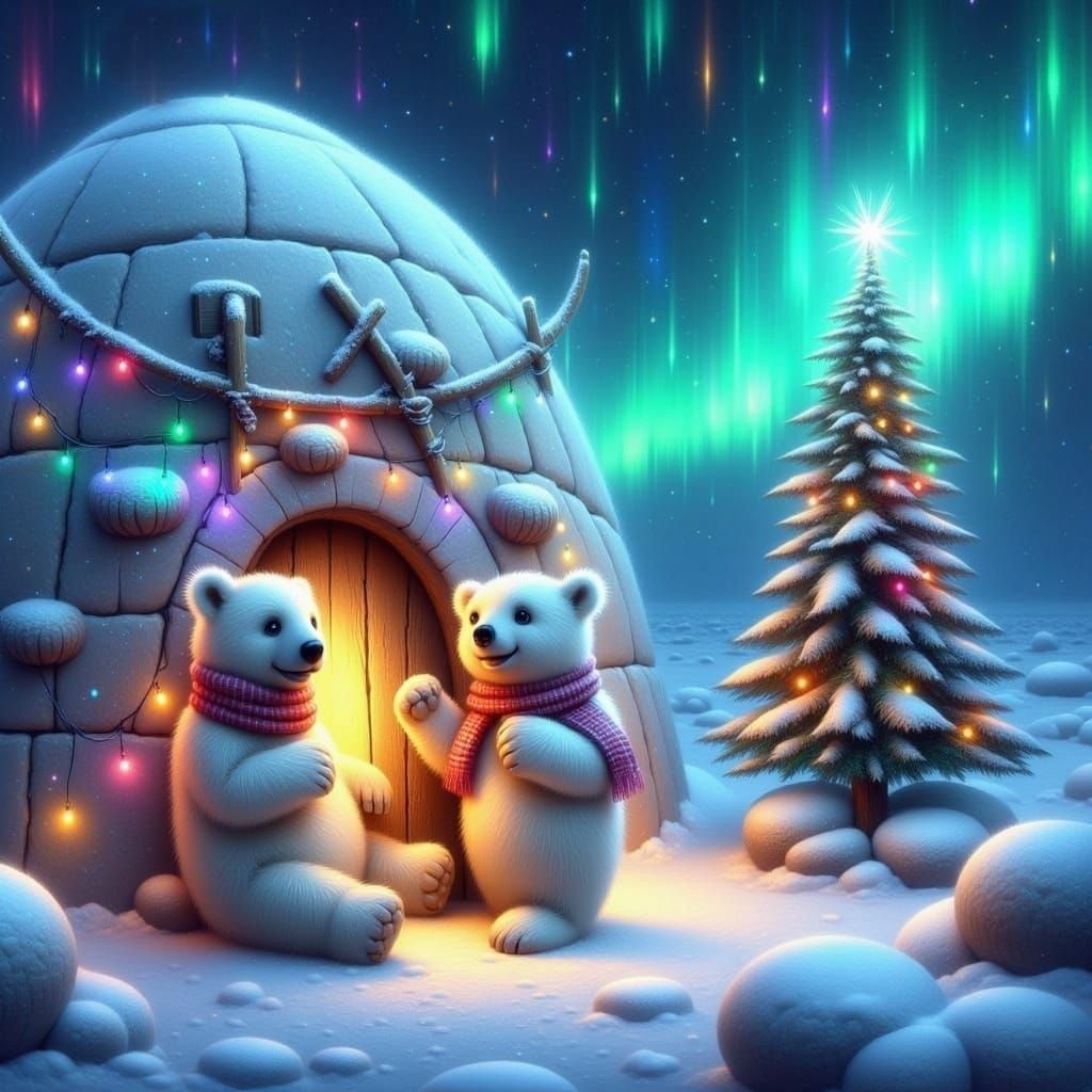 Polar Bear Decorates Igloo with Christmas Lights
