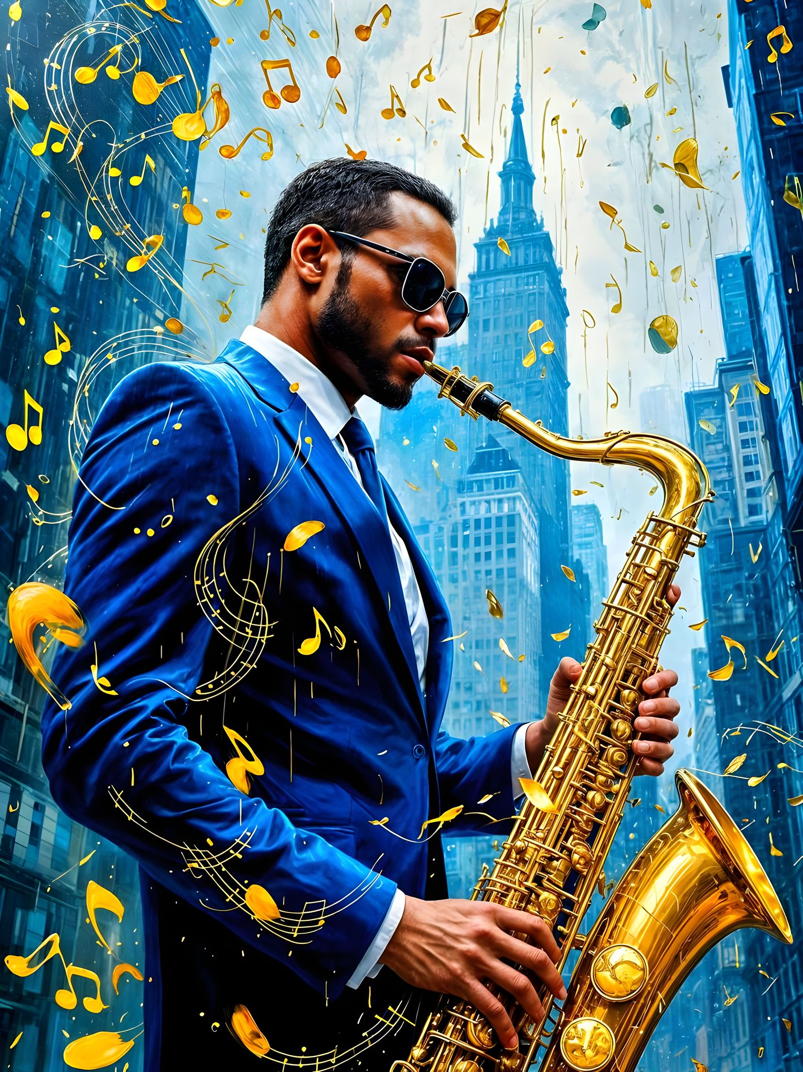 Man Plays Gold Saxophone on Rainy Street in Bold Style