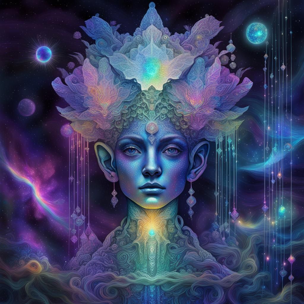 Iridescent Bismuth Fae in Cosmic Holographic Art