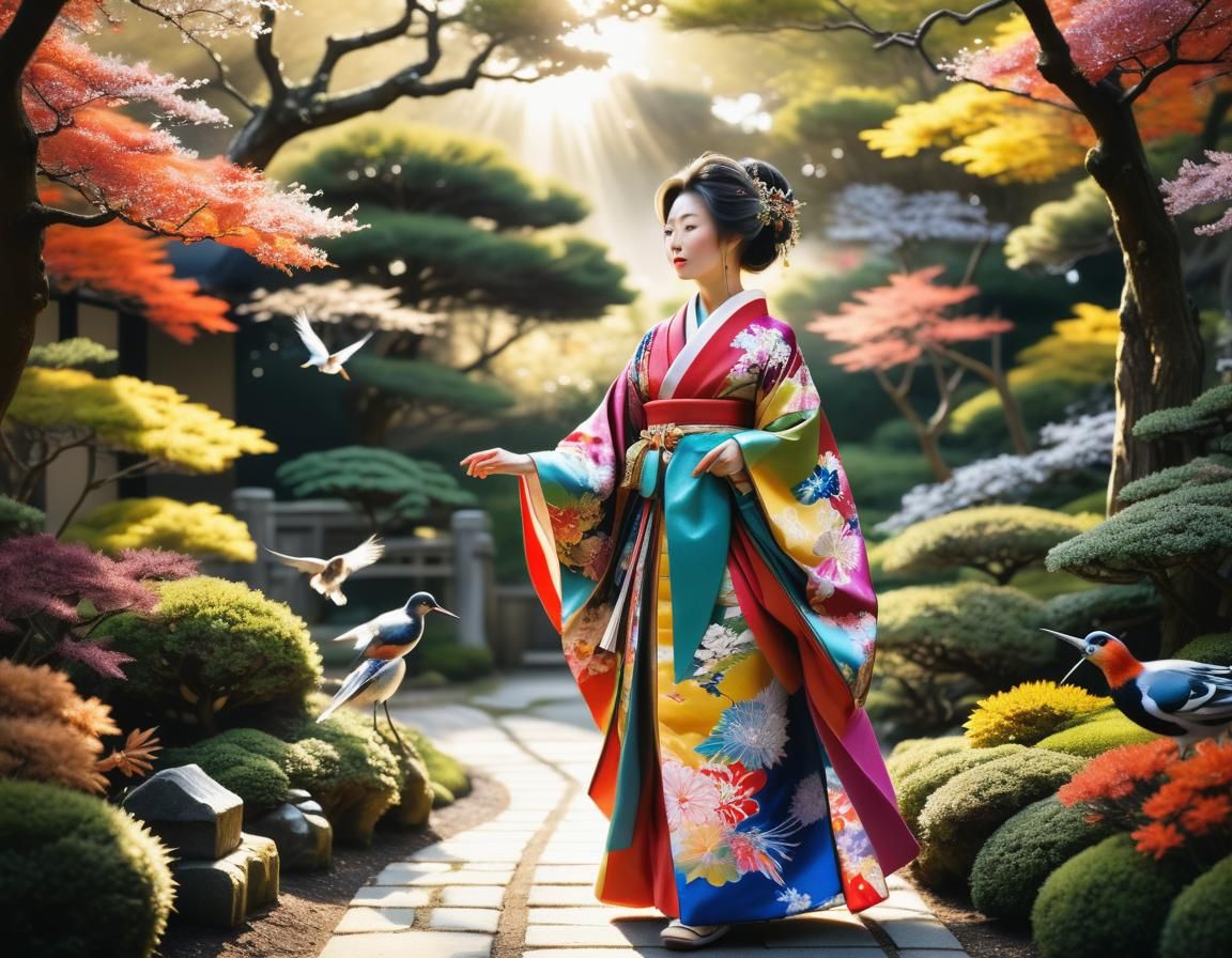Japanese Noblewoman in Royal Garden, Hyperrealistic Image
