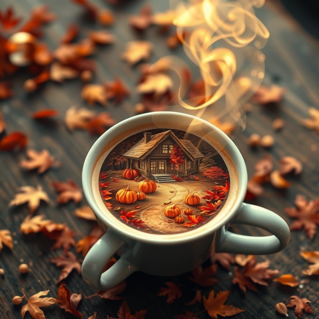 Autumn Cabin Reflection in Coffee Cup