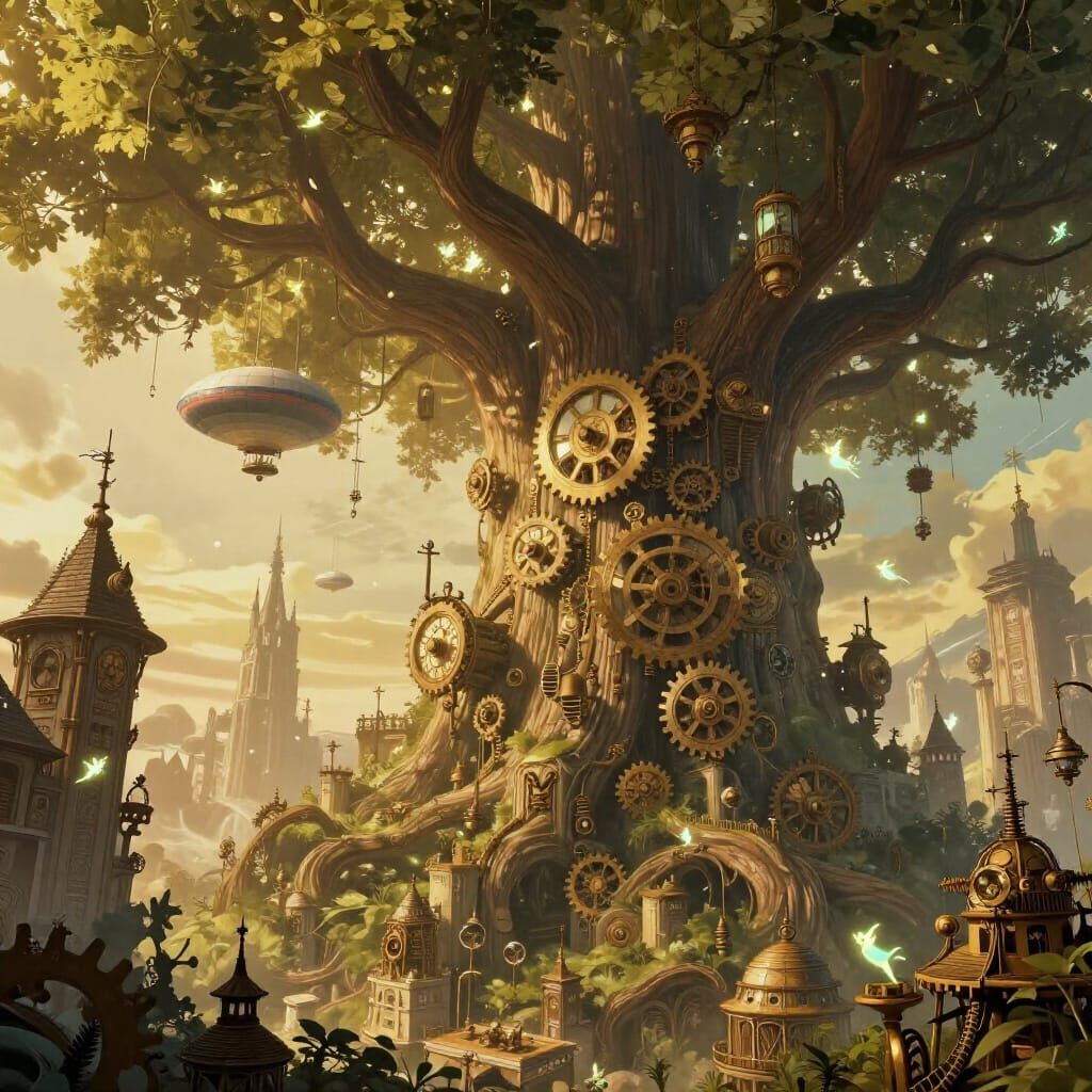 Steampunk City Within Ancient Tree