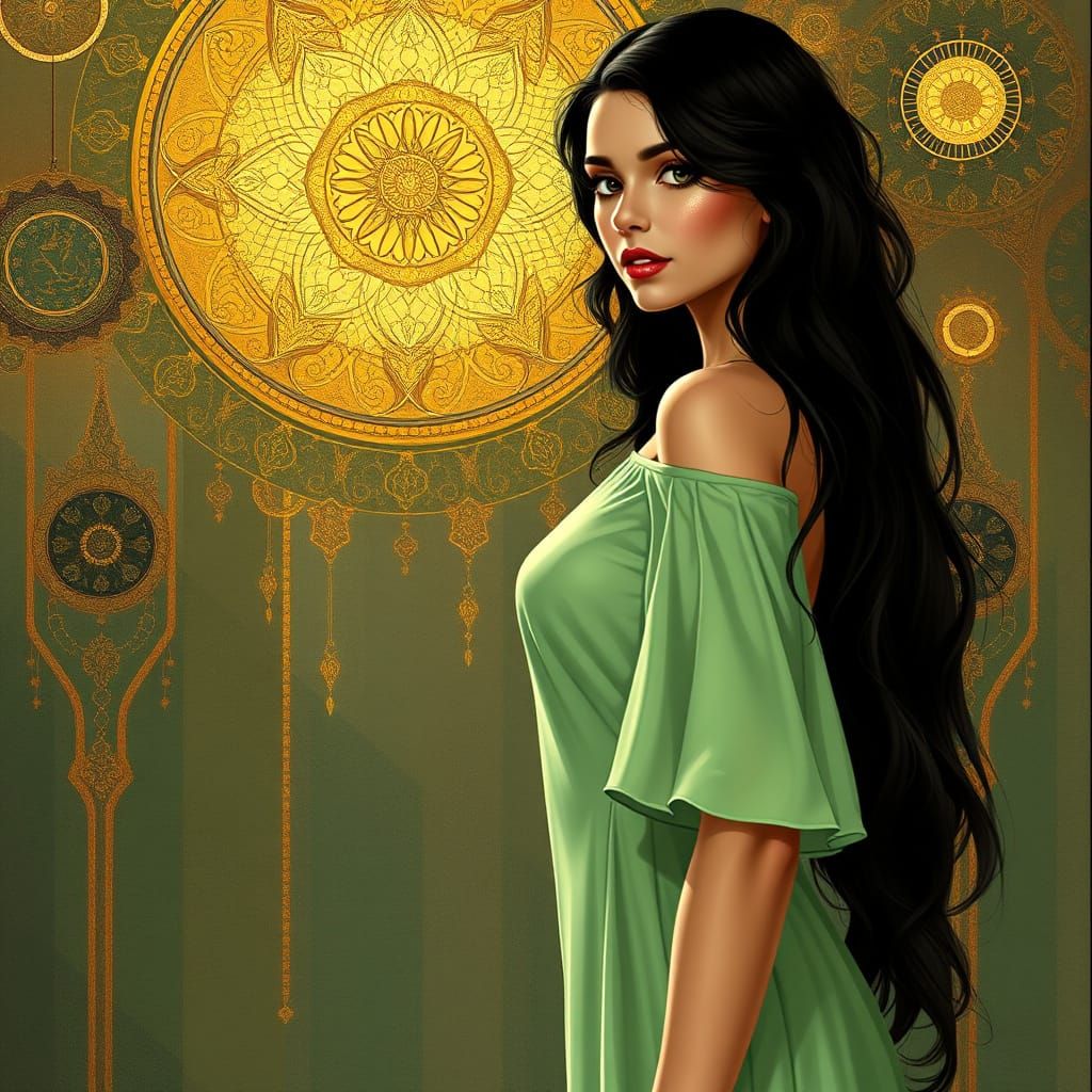 Elegant Woman in Cyberpunk Art Nouveau Style