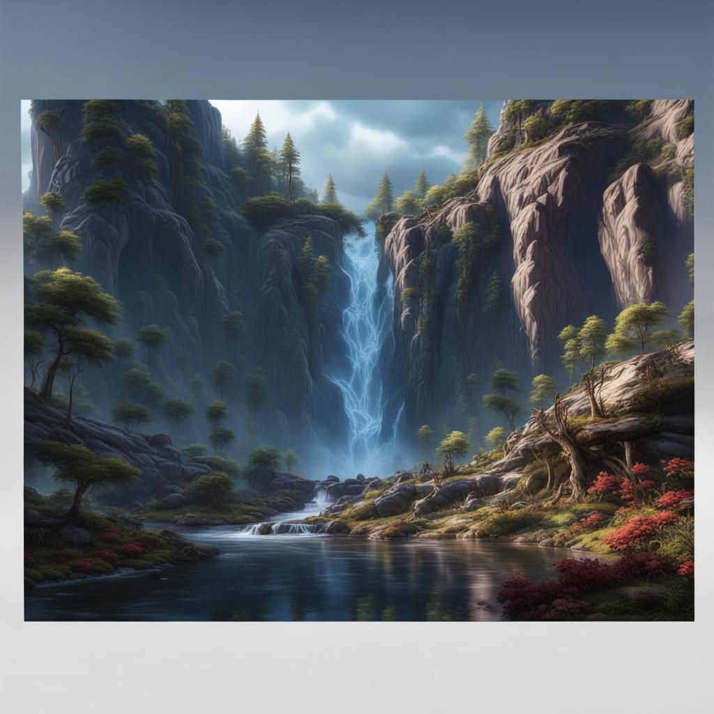 Fantastical Waterfall Matte Painting in Deep Color