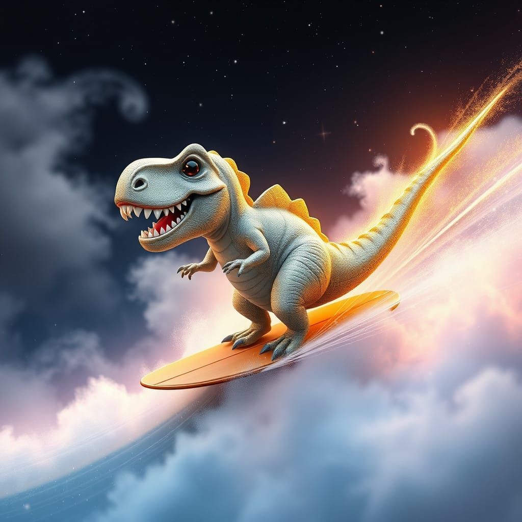 Charming T-Rex Dinosaur Surfer in Iridescent Cosmic Landscap...
